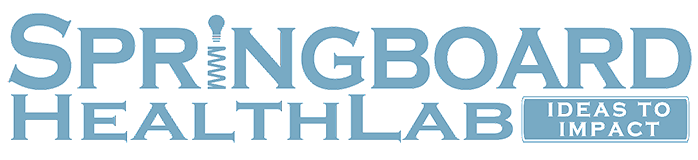 Springboard HealthLab's logo in baby blue, with the phrase "Ideas for Impact